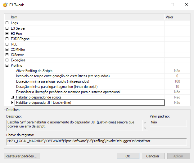 Opção Habilitar o depurador JIT (Just-in-time)