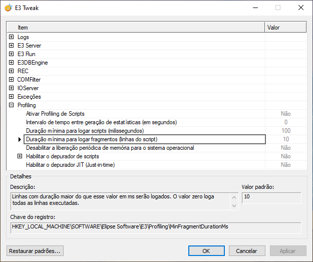 Opção Duração mínima para logar fragmentos (linhas do script)