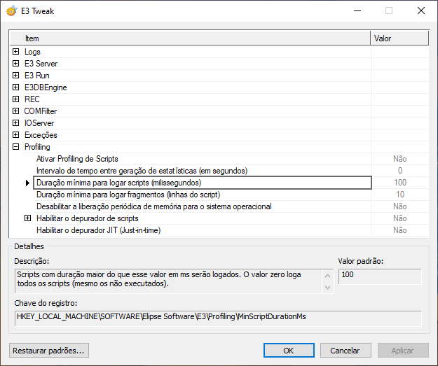 Opção Duração mínima para logar scripts (milissegundos)