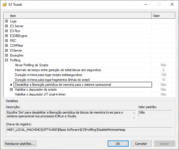 Opção Desabilitar a liberação periódica de memória para o sistema operacional