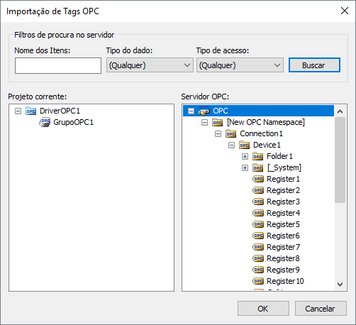 Janela Importação de Tags OPC