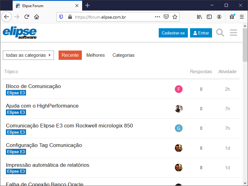 Página inicial do Fórum da Elipse Software