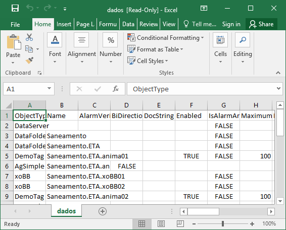Arquivo CSV visualizado no Excel