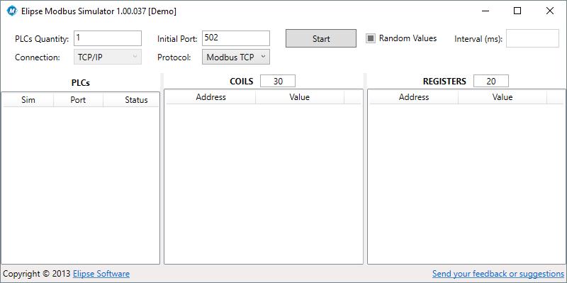 Janela principal do Elipse Modbus Simulator