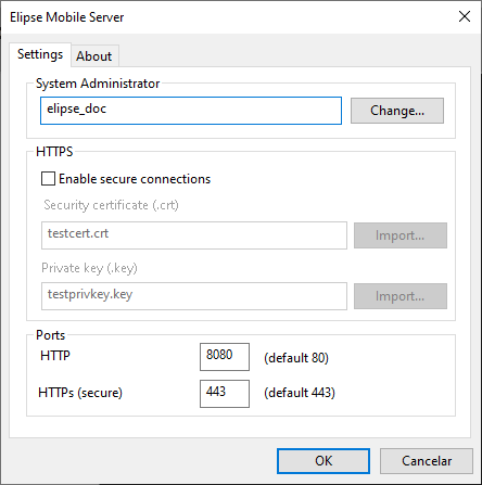 Janela de configurações do Elipse Mobile Server