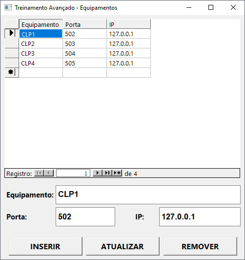 Tela de configuração dos equipamentos