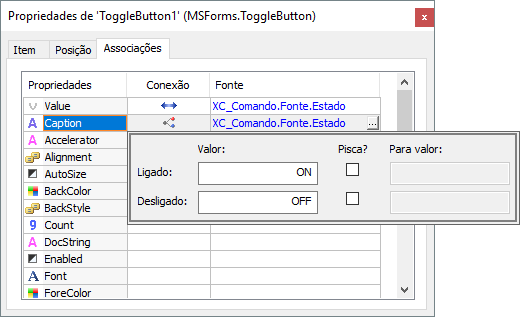 Associações com as propriedades Value e Caption