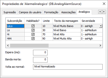 Configuração do Alarme Analógico