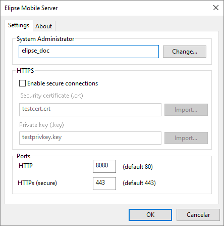 Janela de configurações do Elipse Mobile Server