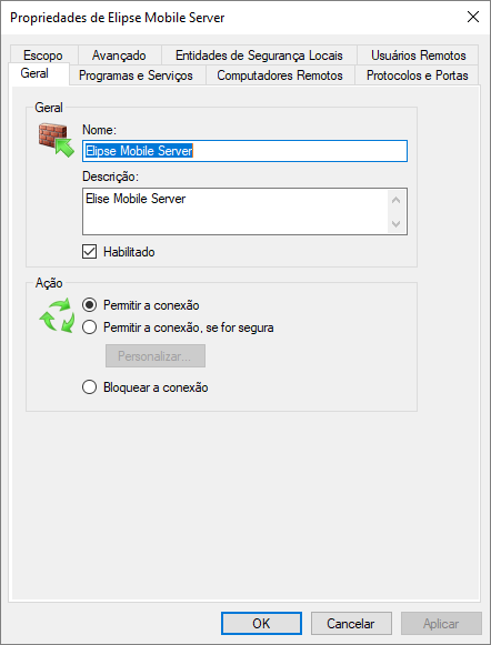 Janela de propriedades da Regra de Entrada