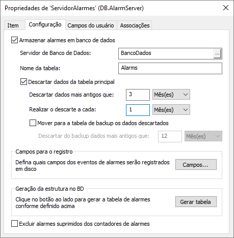Aba Configuração do Servidor de Alarmes