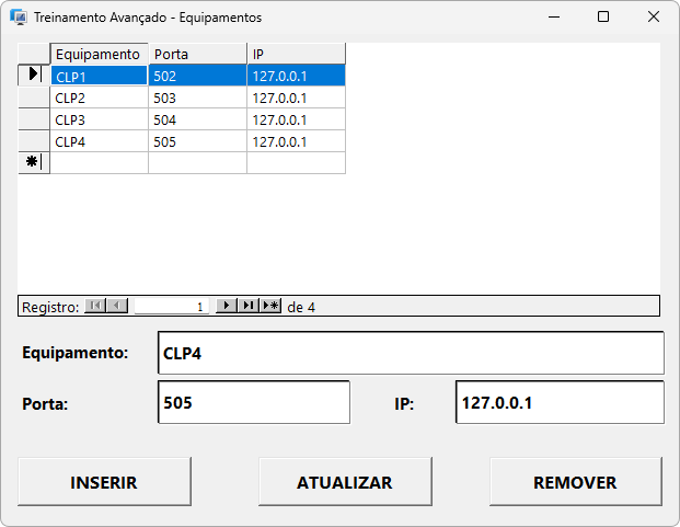 Tela de configuração dos equipamentos