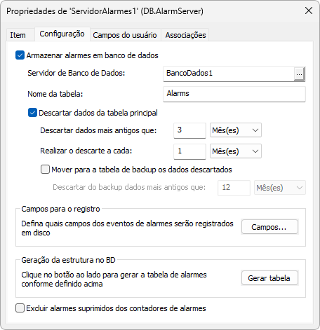 Aba Configuração do Servidor de Alarmes