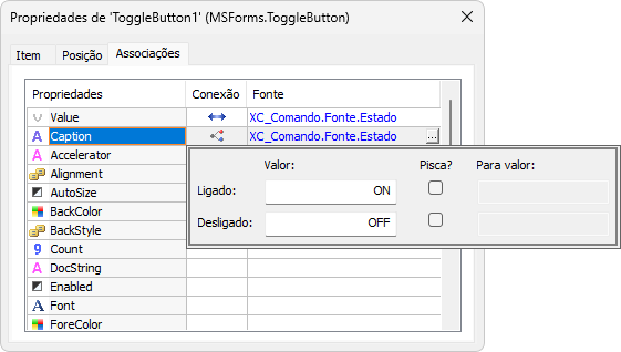 Associações com as propriedades Value e Caption Associações com as propriedades Value e Caption