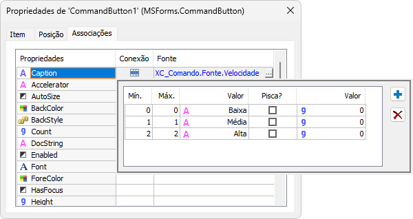 Associação com as propriedades Caption e Velocidade Associação com as propriedades Caption e Velocidade