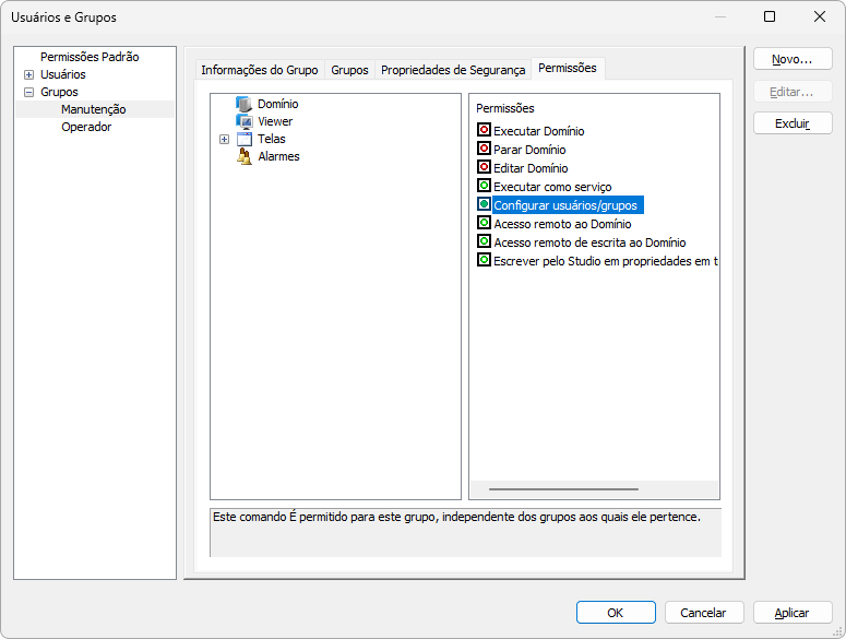 Permissão Configurar usuários/grupos habilitada para o grupo Manutenção Permissão Configurar usuários/grupos habilitada para o grupo Manutenção