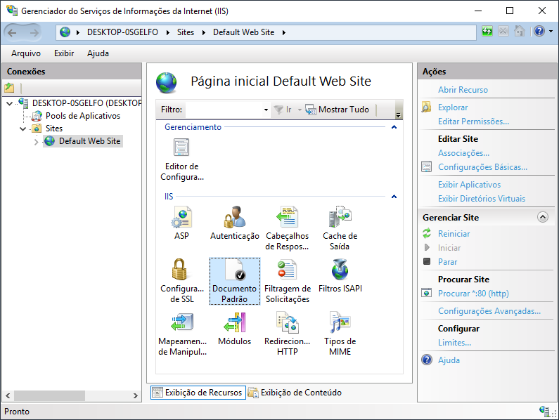 Documento Padrão do IIS no Windows 10 Documento Padrão do IIS no Windows 10
