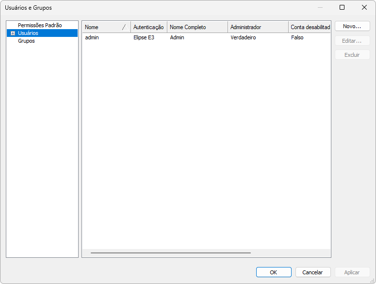 Janela de administração de usuários Janela de administração de usuários
