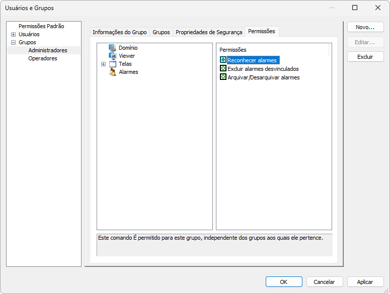 Permissão de reconhecer Alarmes autorizada para o grupo Administradores Permissão de reconhecer Alarmes autorizada para o grupo Administradores