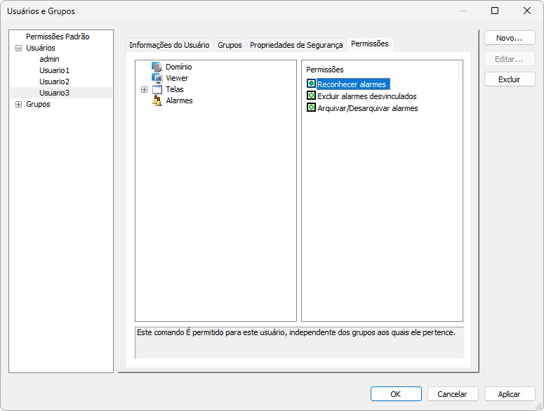 Permissão de reconhecer Alarmes autorizada para um usuário Permissão de reconhecer Alarmes autorizada para um usuário