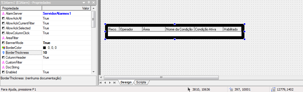 Propriedades BannerMode, BorderThickness e BorderColor do objeto E3Alarm