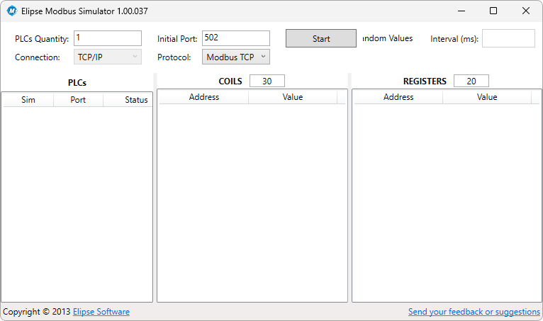 Janela principal do Elipse Modbus Simulator