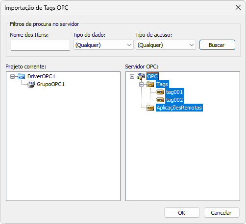 Janela Importação de Tags OPC