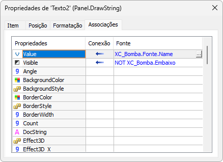 Associação com as propriedades Value e Visible