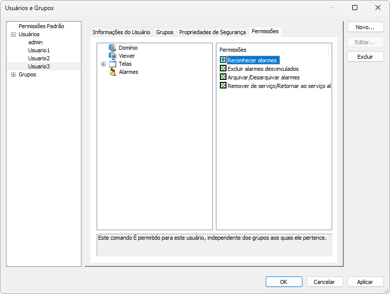 Permissão de reconhecer Alarmes autorizada para um usuário Permissão de reconhecer Alarmes autorizada para um usuário