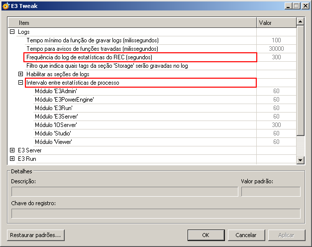 Novos itens de configuração de logs do E3 Tweak Novos itens de configuração de logs do E3 Tweak
