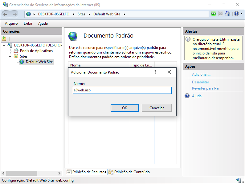 Janela Adicionar Documento Padrão do IIS no Windows 10 Janela Adicionar Documento Padrão do IIS no Windows 10