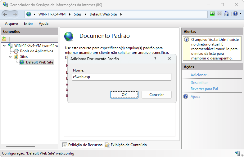 Janela Adicionar Documento Padrão do IIS no Windows 11 Janela Adicionar Documento Padrão do IIS no Windows 11