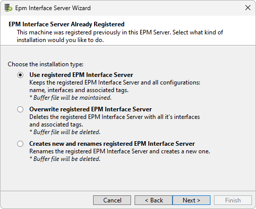 Opções de registro do EPM Interface Server
