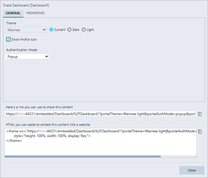 Aba General da janela Share Dashboard