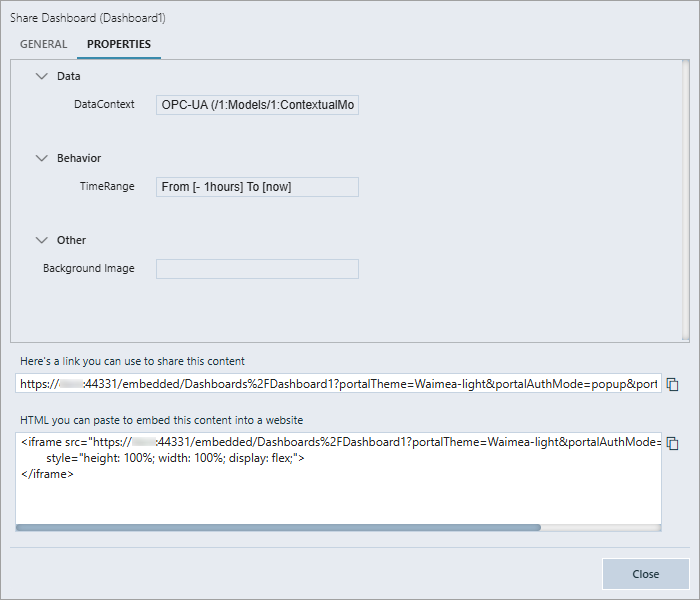 Aba Properties da janela Share Dashboard