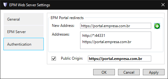 Janela EPM Web Server Settings