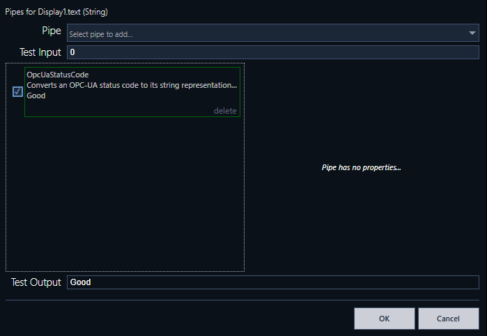 Exemplo de um Pipe do tipo OpcUaStatusCode