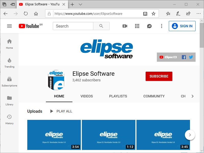 Página inicial do Canal de Vídeos da Elipse Software no Youtube