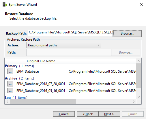 Opção de seleção do arquivo de backup