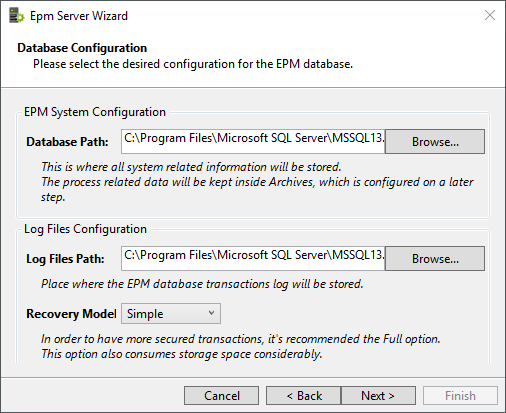 Janela para configurar diretórios de dados e logs