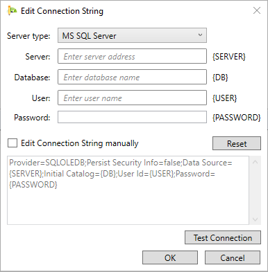 Janela de configuração da conexão