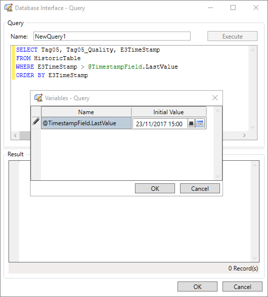 Janela de configuração de variáveis