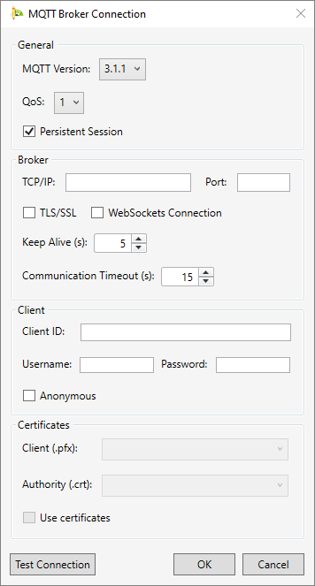 Janela de configuração da conexão Janela de configuração da conexão
