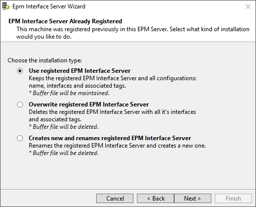 Opções de registro do EPM Interface Server