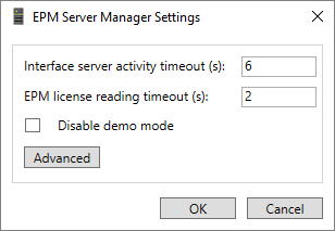 Janela EPM Server Manager Settings