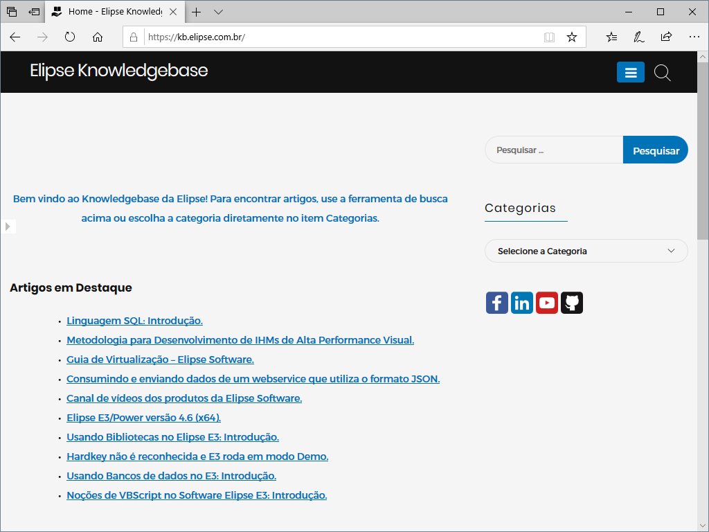 Página inicial do Elipse Knowledgebase