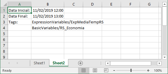 Planilha com os parâmetros para a consulta Raw