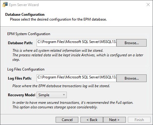 Janela para configurar diretórios de dados e logs