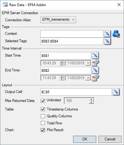 Janela de configuração da consulta Raw