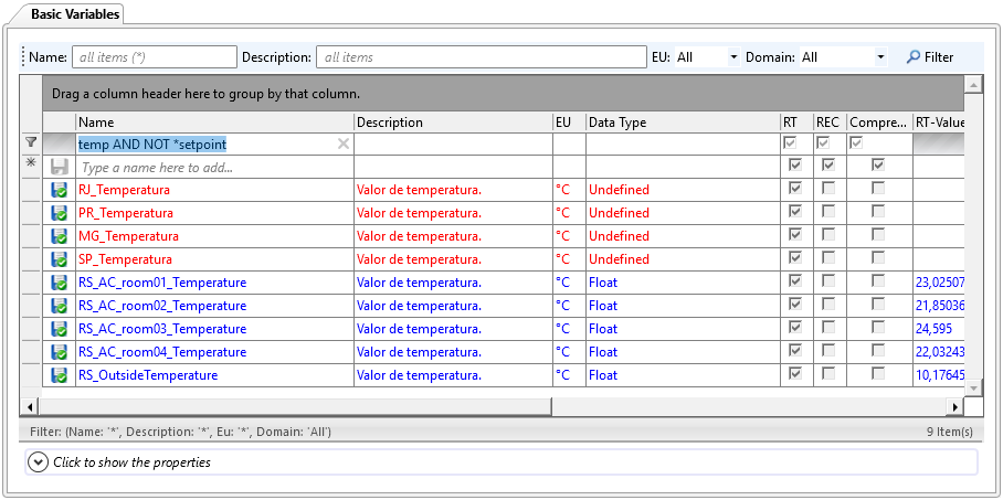 Filtro de Basic Variables de temperatura